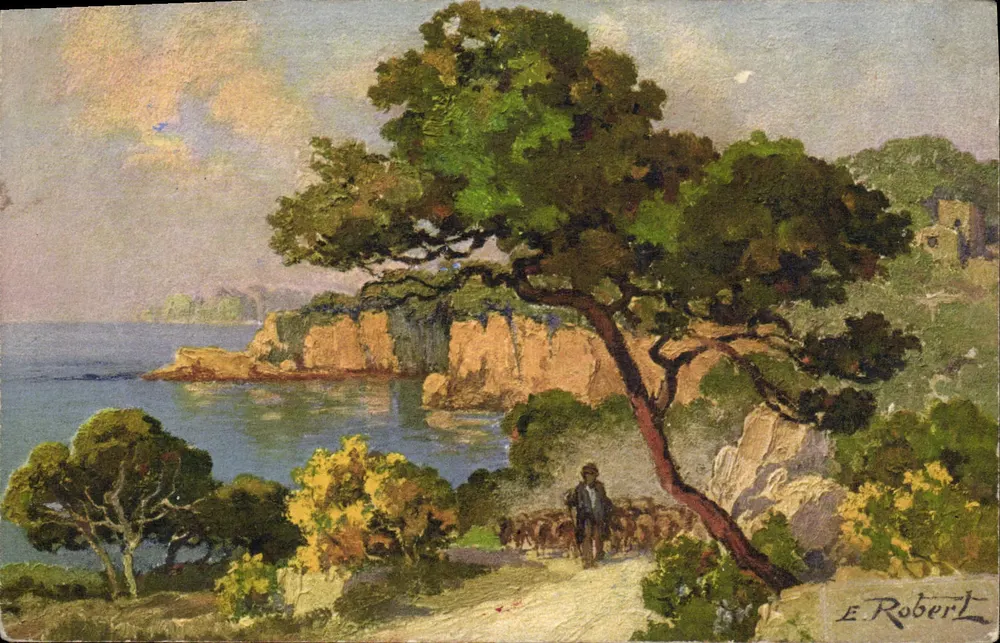 Umgebung von Sanary — Küstenlandschaft mit Schäfer und Herde — E. Robert, Nr. 444 - Vorderseite