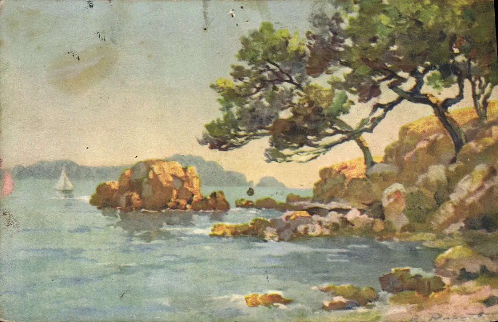 Vista do mar — rochedos e pinheiro — editor STZF, n° 74 - Frente