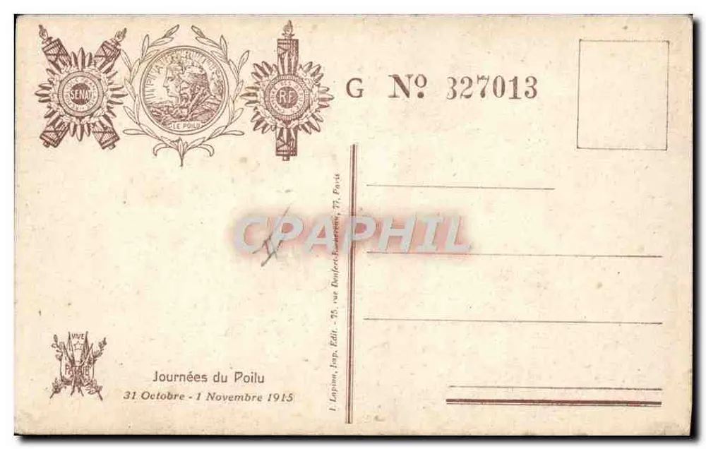 Journées du Poilu — scène de soldats devant un décor avec globe et médaille — éditeur Lapisin, impr. Paris - Rückseite