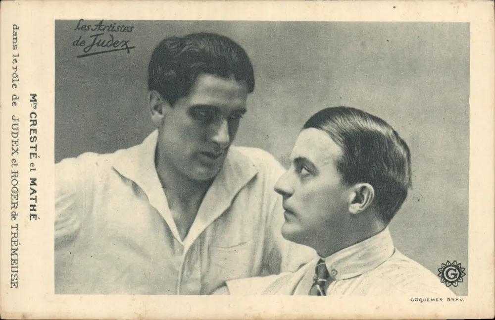 Die Künstler von Judex — Herr Cresté und Roger Mathé in den Rollen von Judex und Treméuse — Coquemer Grav. - Vorderseite
