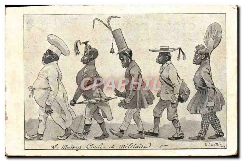 Das Zivile und Militärische Haus — Karikatur von fünf Figuren in verschiedenen Kleidungen — R. F. Lantaine, 1914 - Vorderseite