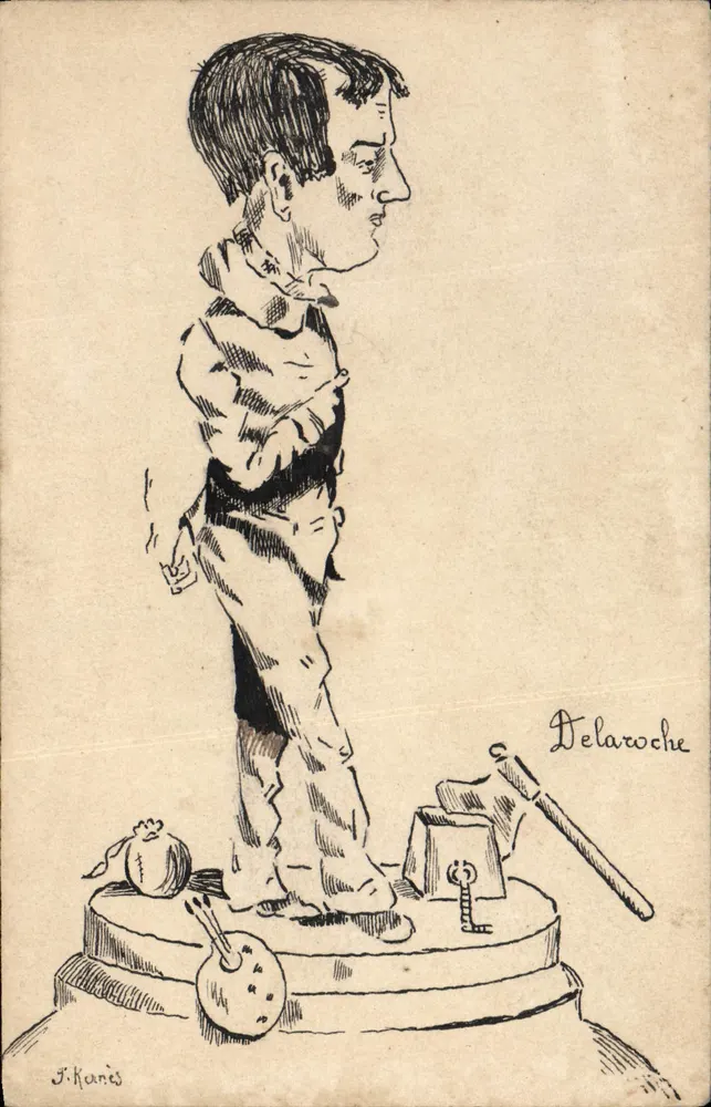 Caricatura de Delaroche — dibujo de J. Karinès — autógrafo del dibujante - Anverso