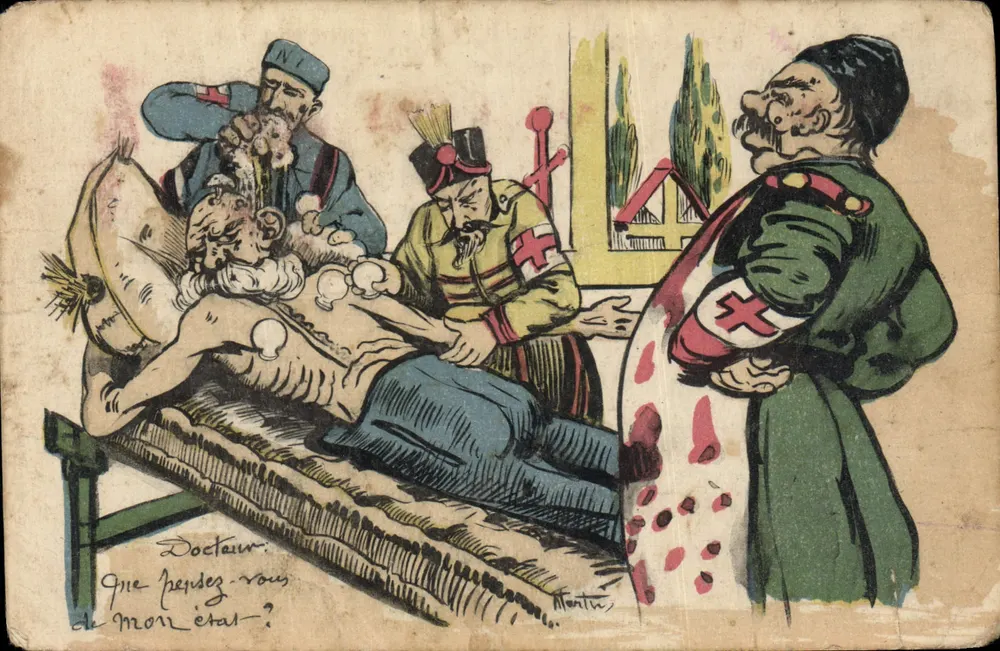 Scène de soins aux blessés — soldats en tenue de guerre et croix rouges — éditeur R. La Deley, imp. 400, 12e, boulevard Sébastopol, Paris - Vorderseite