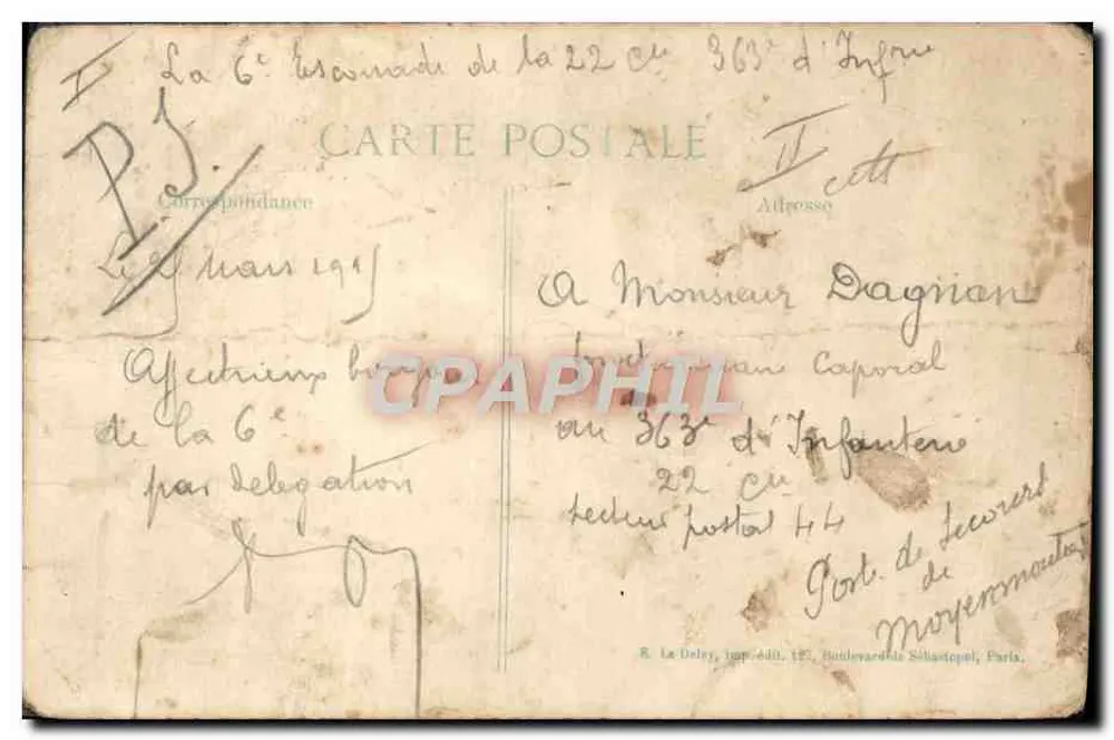 Scène de soins aux blessés — soldats en tenue de guerre et croix rouges — éditeur R. La Deley, imp. 400, 12e, boulevard Sébastopol, Paris - Rückseite