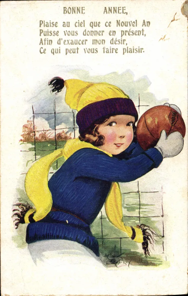Kind in Winterkleidung, das Fußball spielt — Comique House, Barnes, London — Serie 5351 - Vorderseite