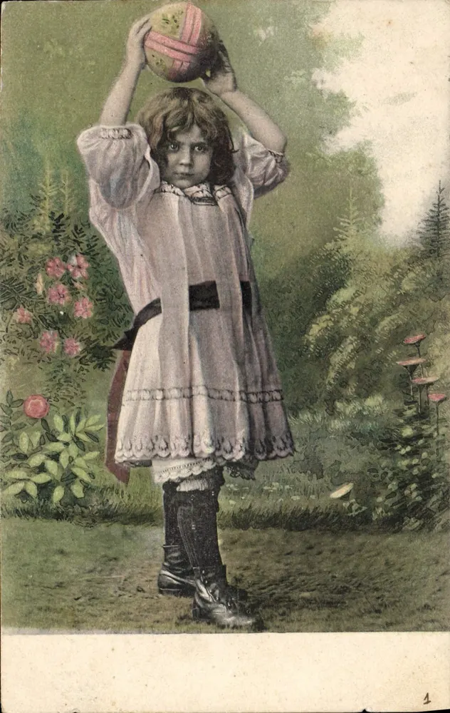 Menina brincando com um balão — jardim florido — série 8, n° 3445 - Frente