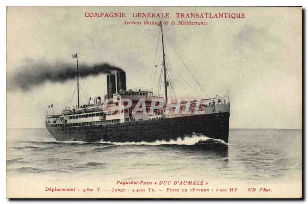 Postschiff Duc d'Aumale — Compagnie Générale Transatlantique — Postdienste der Mittelmeerkompanie - Vorderseite