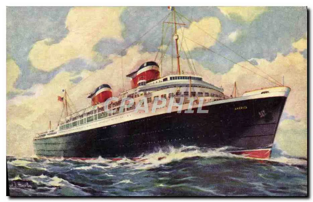 S.S. AMERICA — Rainha da Marinha Mercante Americana — American Color Type, Nova York-Chicago - Frente