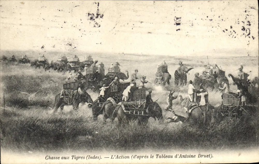 Jagd auf Tiger (Indien) — Die Aktion (nach dem Gemälde von Antoine Druet) - Vorderseite