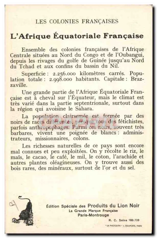 A África Equatorial Francesa — Colônias Francesas — Edição Especial dos Produtos do Leão Negro - Verso