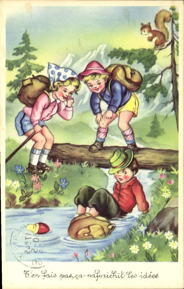 Kinder auf einer Wanderung — Berglandschaft mit Eichhörnchen — Verlag PIRAS n°190 - Vorderseite