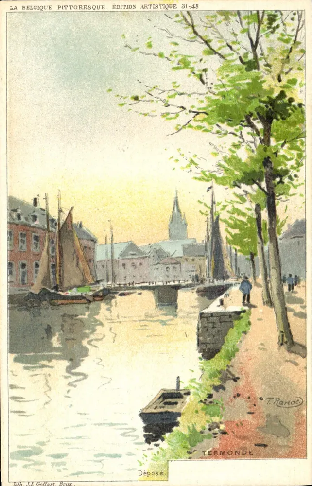 Termonde — Ansicht des Kanals mit Booten — Künstleredition 31.48, Lith. J.L. Goffart, Brüssel - Vorderseite