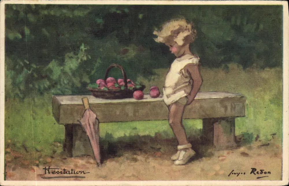 Zögern — Kind, das vor einem Obstkorb zögert — Jouye Rebon - Vorderseite