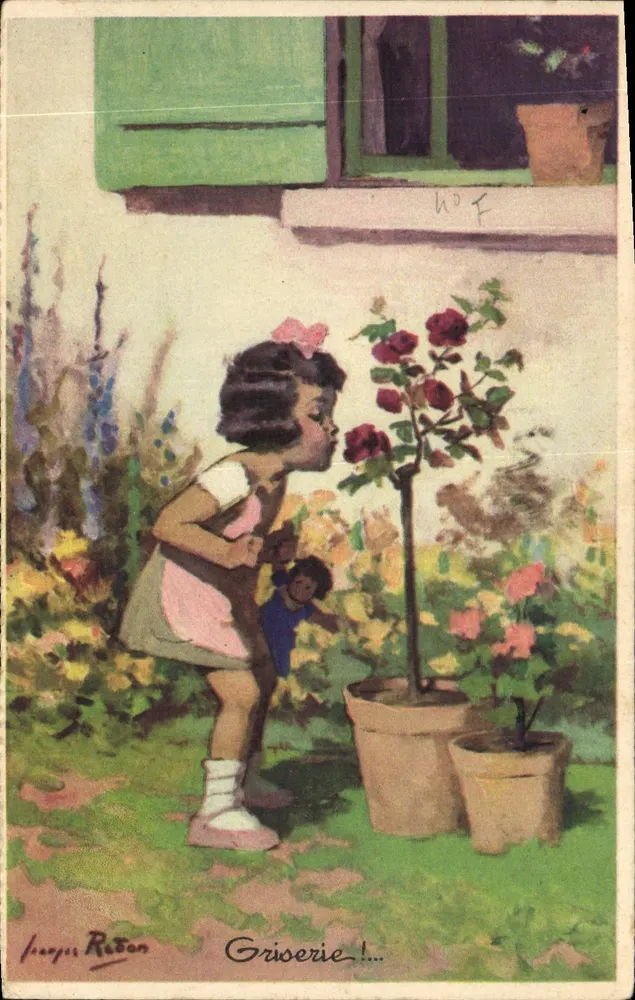 Mädchen und Kind spielen neben Rosen — Griserie! — Jacques Redon, N°5 (Serie 1939) - Vorderseite