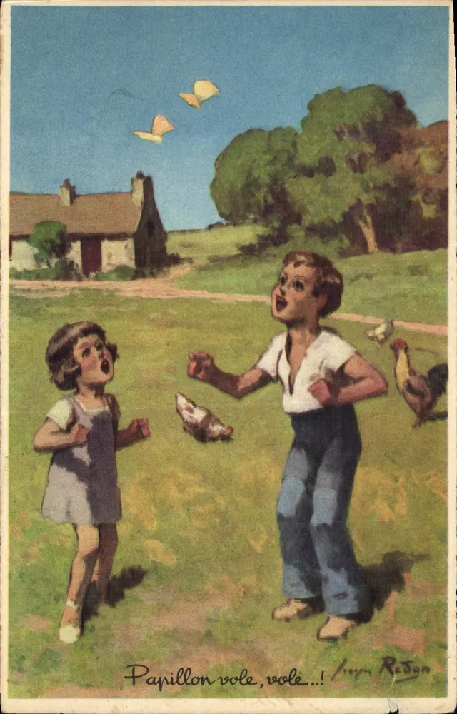 Enfants jouant avec des papillons — scène champêtre avec poules — dessin de Léon Regan — N° 6 (Série 1939) - Vorderseite