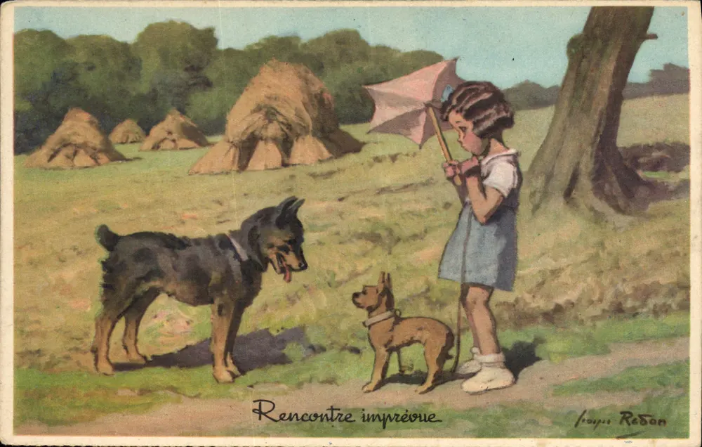 Unerwartete Begegnung — Landschaftsszene mit zwei Hunden und einem Mädchen unter einem Regenschirm — Zeichnung von J. Rebón - Vorderseite