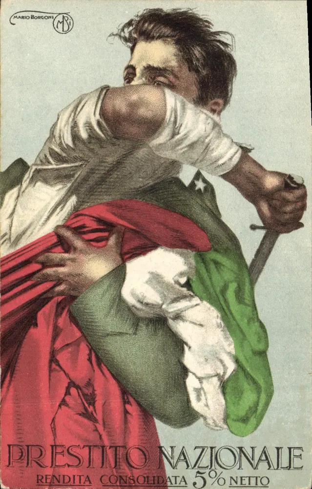 Soldat in Uniforme, der das italienische Flagge hält — Werbung für den Préstimo Nazionale — Mario Borgoni - Vorderseite