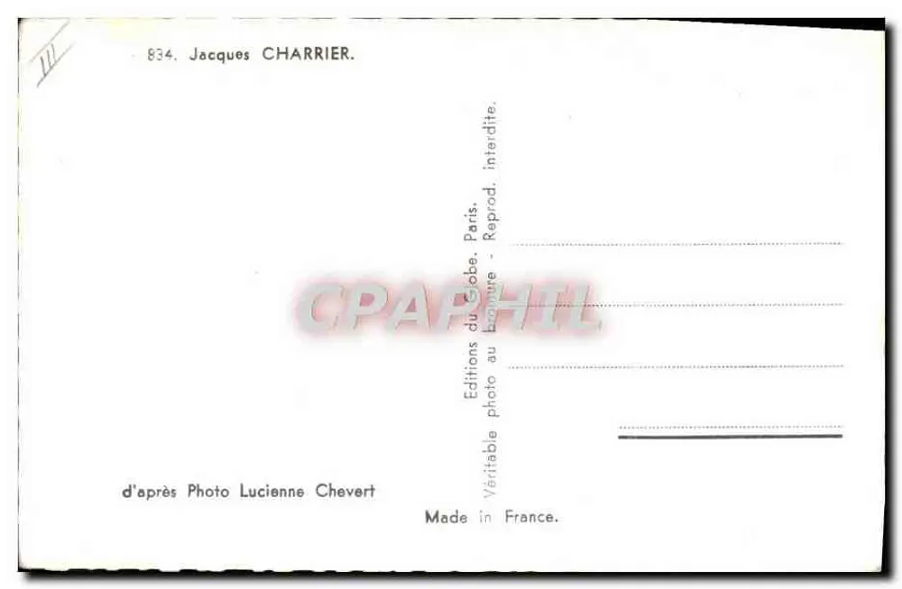 Jacques Charrier — retrato — Editions du Globe, Paris, n° 834 - Verso