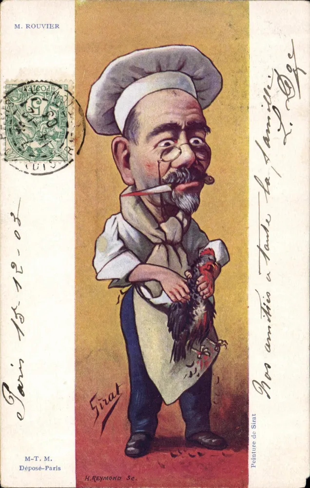 Karikatur eines Kochs mit Huhn — H. Reymond Sc. — M. Rouvier - Vorderseite