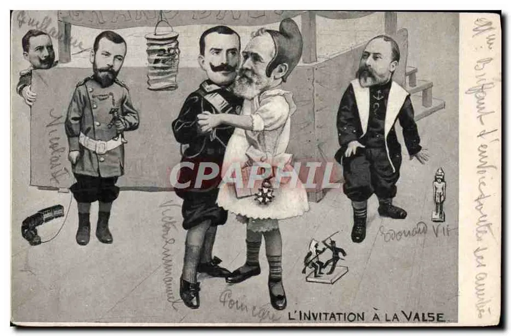 Die Einladung zum Walzer — politische Karikatur mit zeitgenössischen Führern — unbekannter Verlag - Vorderseite