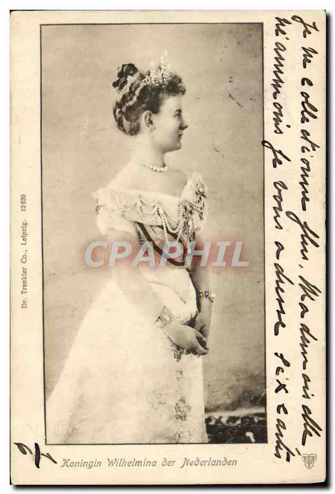 Rainha Wilhelmina dos Países Baixos — retrato de busto — Dr. Trenkler Co., Leipzig, n° 12.630 - Frente