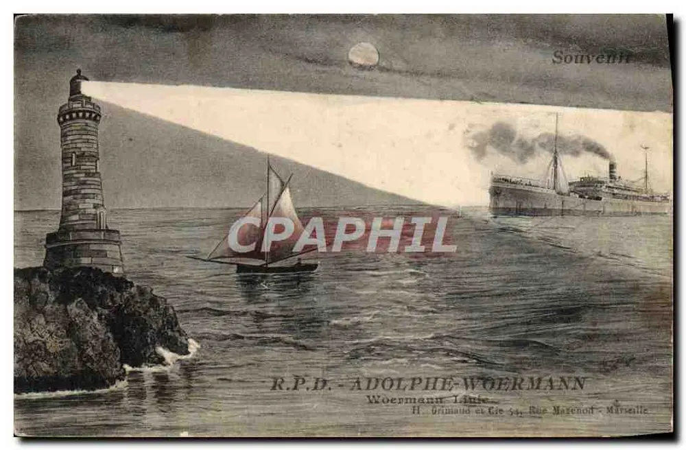 Molo w Pointe de l'Arche — widok nocny z jachtem i parowcem — R.P.D. Adolphe Woermann, Marsylia - Awers