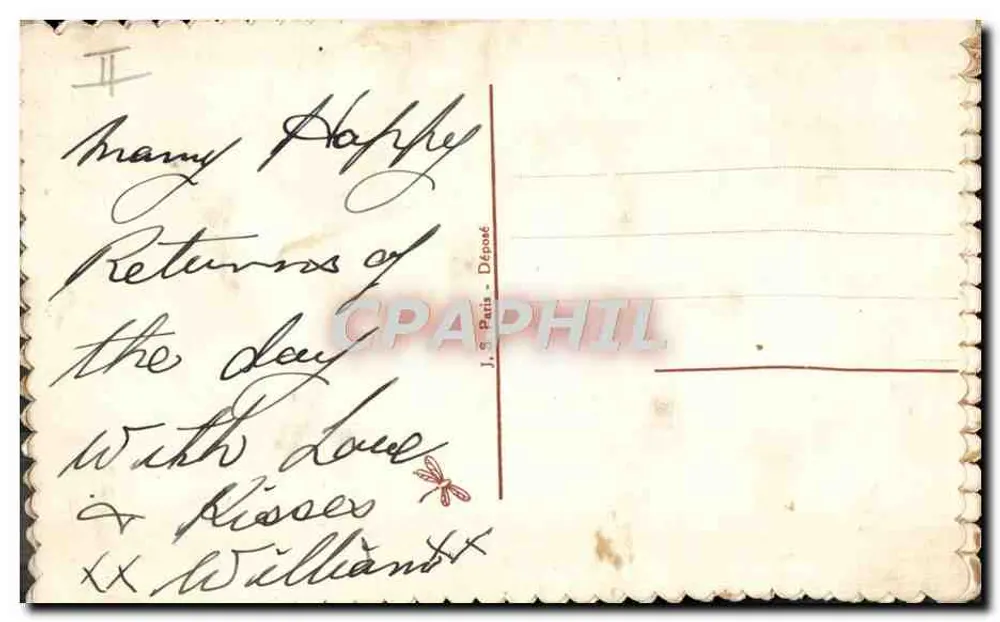 Gestickte Karte mit dem Namen 'Marie' — blaue und violette Blumen — J. & Paris Déposé - Rückseite