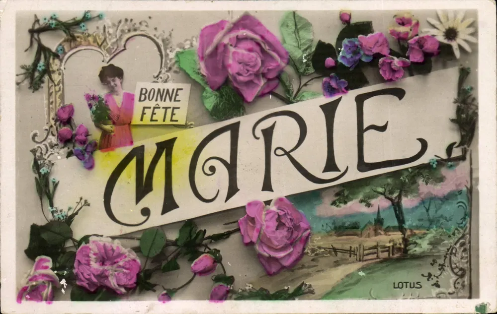 Gute Feier Marie — dekoriert mit Rosen und einer jungen Frau — veröffentlicht von LOTUS - Vorderseite
