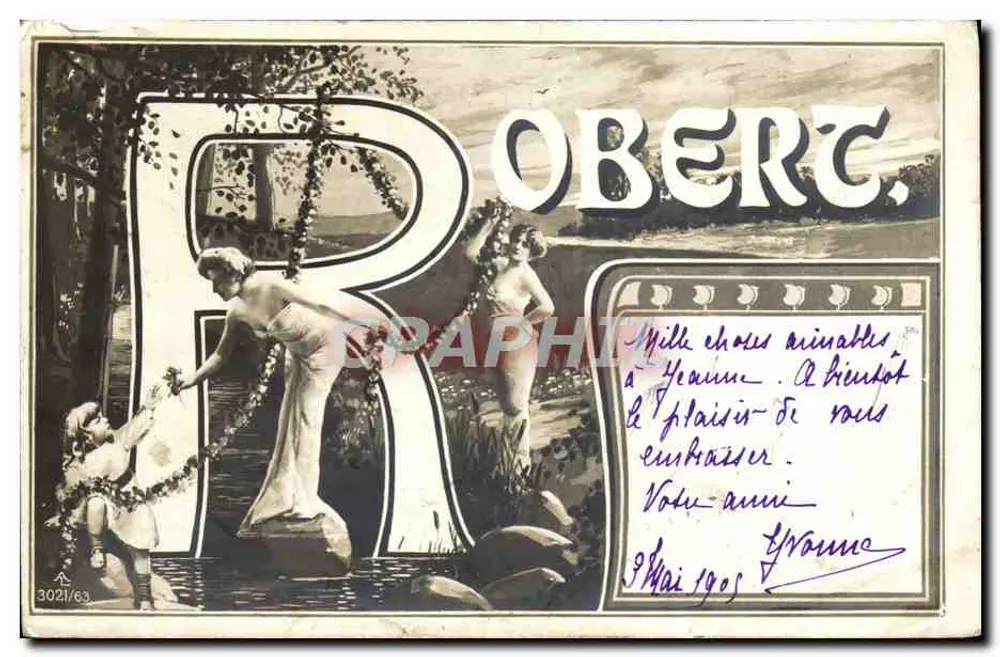 Mulher e criança diante de uma grande letra R — Robert — editor Graphique, n° 3021/63 - Frente