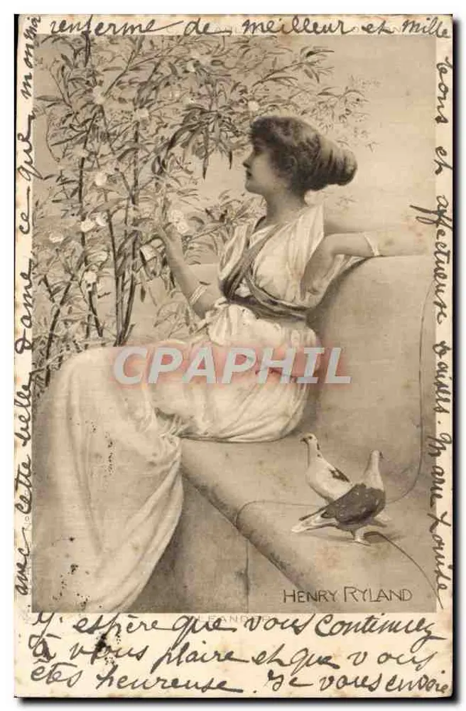 Frau, die unter Blumen sitzt — Henry Ryland — Verlag Leander - Vorderseite