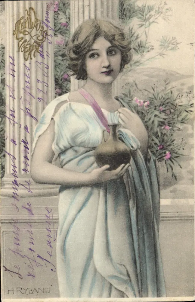 Mulher jovem vestindo uma roupa antiga segurando um vaso — H. Ryland, série 100 - Frente