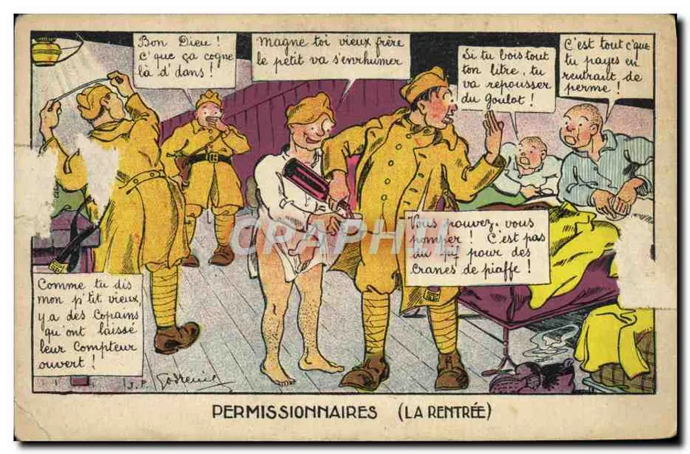 Permissionnaires (Die Rückkehr) — Szene mit Soldaten in Felduniform in einem Zimmer, Verlag GARDE & VOS! gedruckt unten links - Vorderseite