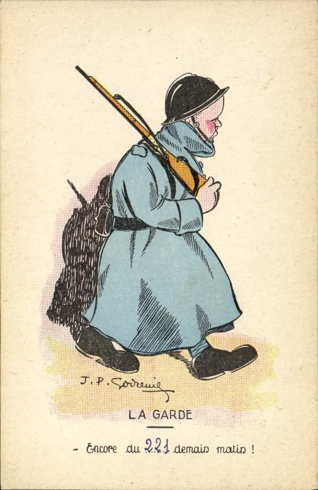 Soldat bei der Morgenwache — J.P. Sorenie, Serie 'La Garde' — militärische Karikatur - Vorderseite