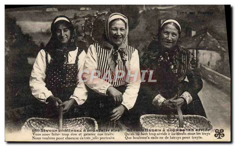 Tipos das Pirineus — três mulheres em traje local — editor MT - Frente