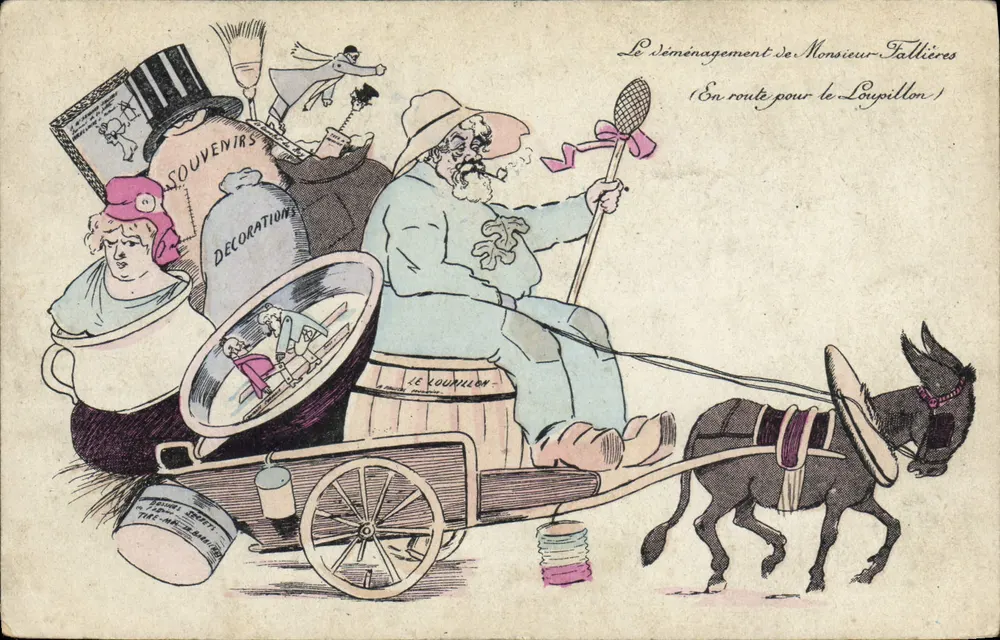 Der Umzug des Herrn Fallières — (Auf dem Weg nach Loupillon) — Verlag: J. Fauvel, Paris - Vorderseite