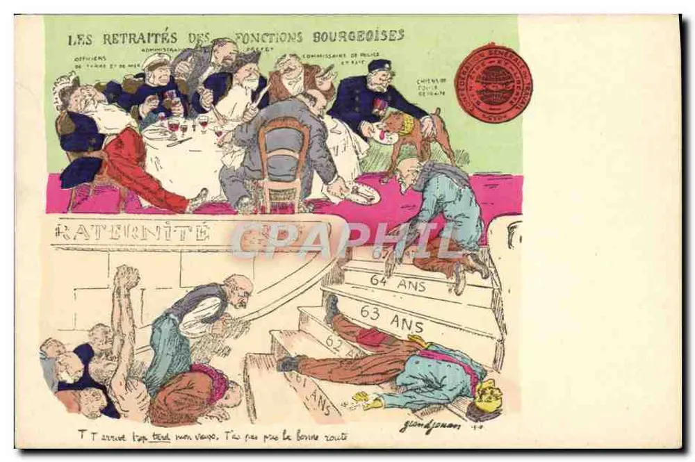 Os aposentados das funções burguesas — caricatura satírica — editor não visível - Frente