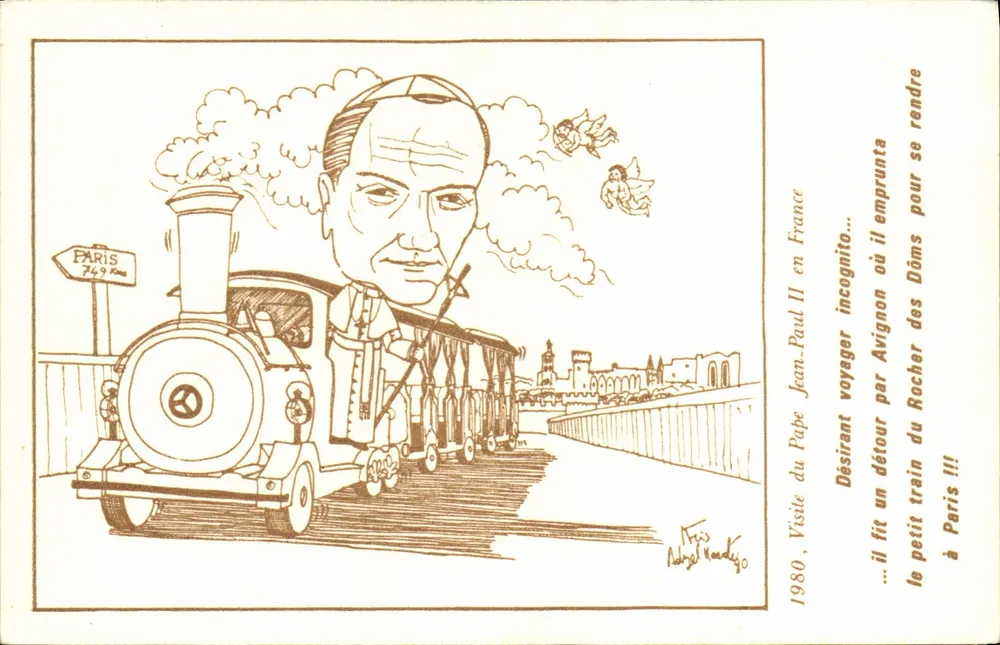 Besuch des Papstes Johannes Paul II. in Frankreich — Karikatur auf dem Zug — Verlag ACBM, Serie N°1 - Vorderseite