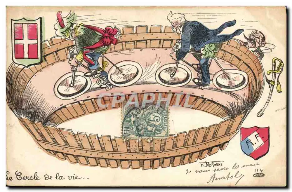 O Círculo da Vida — caricatura de ciclistas em um barril — P. NORWINS, n°114 - Frente