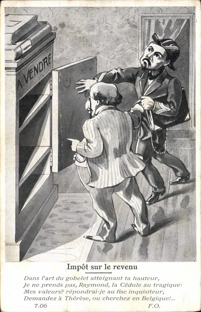 Impôt sur le revenu — caricature d'un homme évitant un agent fiscal devant une porte marquée 'À VENDRE' — éditeur F.O. n°7.06 - Frente