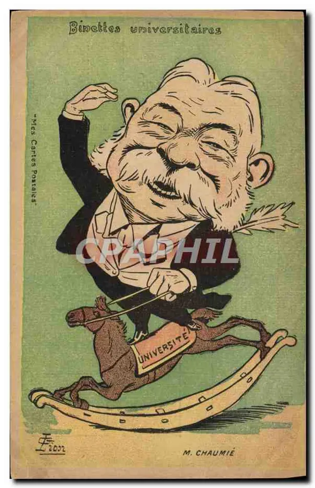 Caricature d'un universitaire — caricature d'un homme barbu sur un balancier avec un cheval et une pancarte 'UNIVERSITÉ' — éditeur M. Chaumie, n° 2022 - Recto