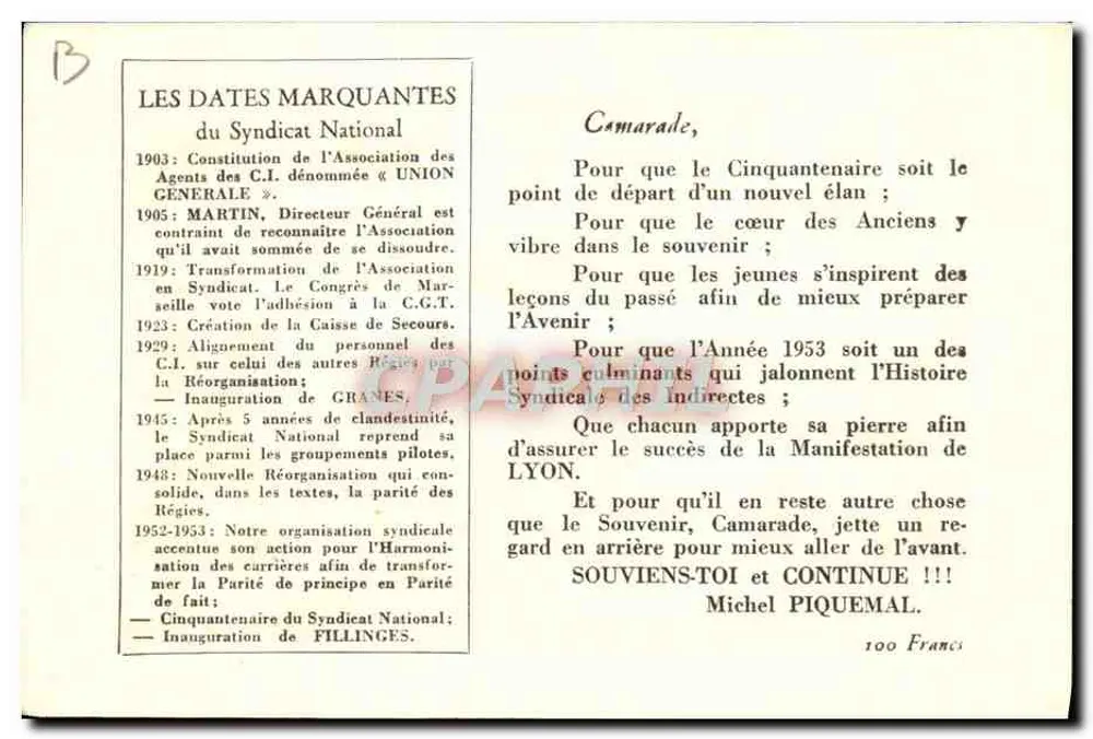 Fünfzigjähriges Jubiläum des Nationalen Syndikats der indirekten Beiträge — 1903-1953 — Verlag MICOU, Lyon - Rückseite