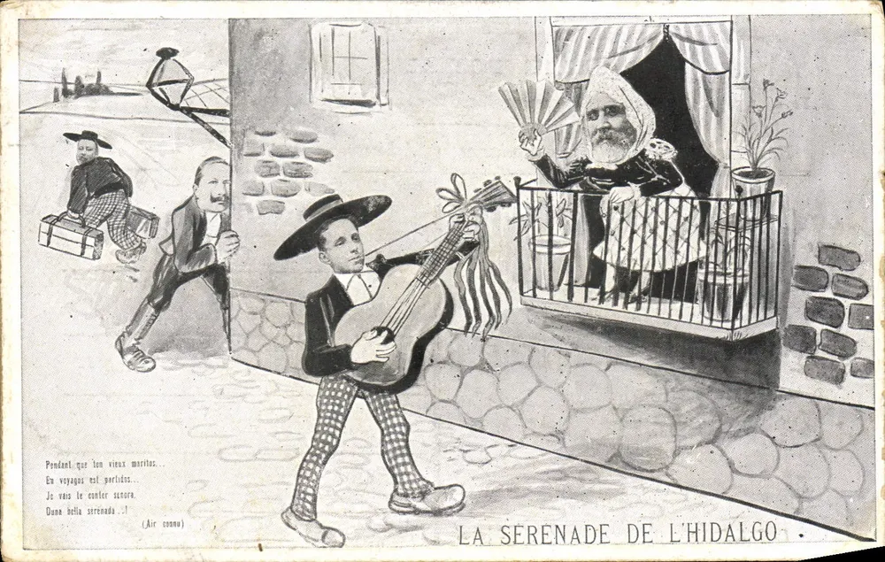 A serenata do hidalgos — cena de rua com músico e balcão — B. C. I. Paris - Frente