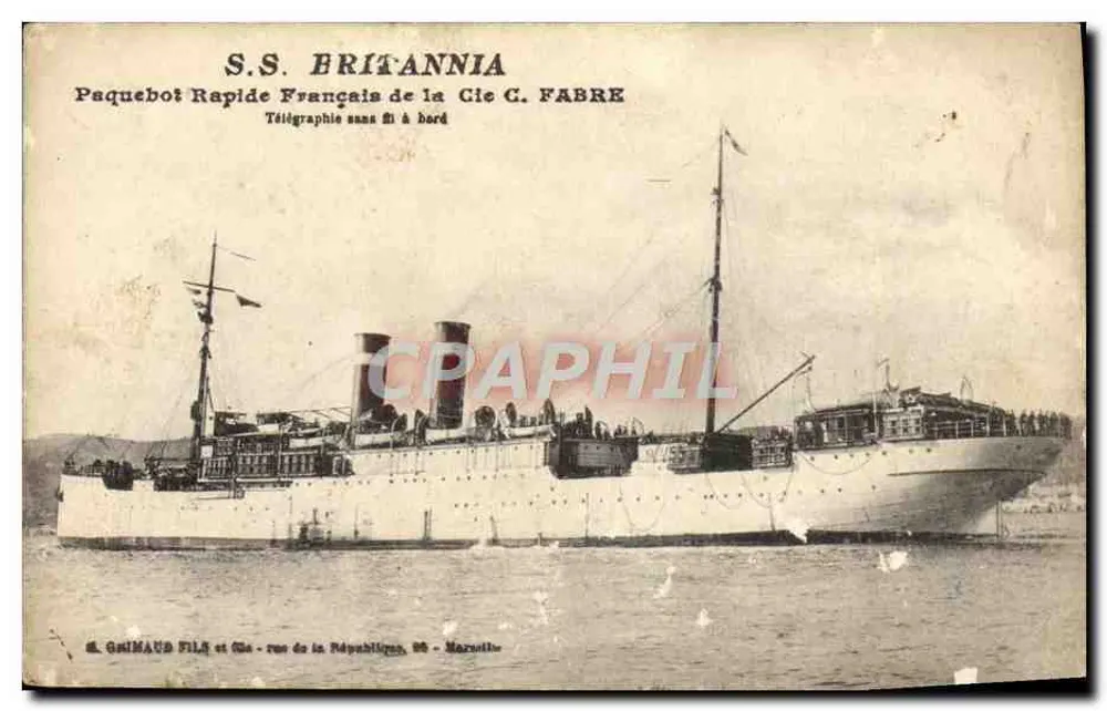 S.S. BRITANNIA — Schnelles französisches Dampfschiff der Gesellschaft G. FABRE — G. GELIMAUD FILS et Cie, rue de la République, 36 - Marseille - Vorderseite