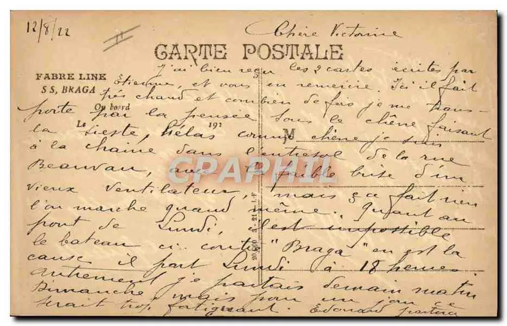 Statek SS Braga — Fabre Line — kartka pocztowa datowana 12/8/22 - Rewers