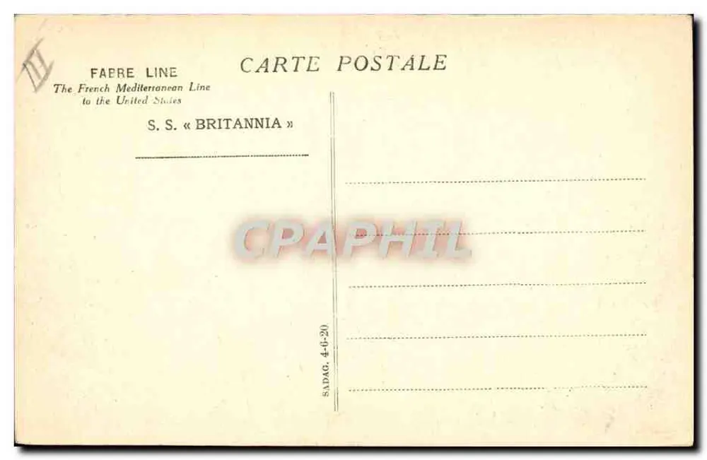 S.S. « BRITANNIA » — navio da French Mediterranean Line — editor FAEBRE LINE - Verso