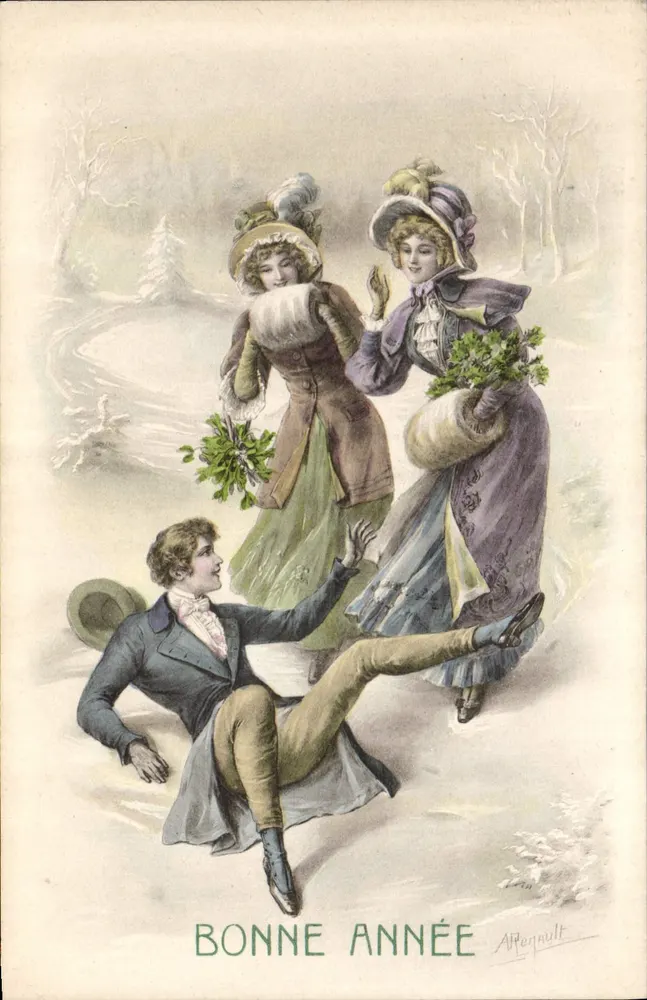Zwei junge Frauen und ein Mann in der Schnee — Frohe Weihnachten — Appernault - Vorderseite