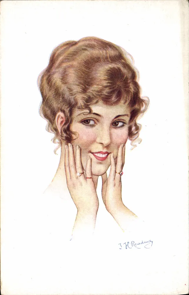 Lächelnde junge Frau — Hände auf die Wangen — Zeichnung von J.H. Readmoy — Edition Herald, Serie 1021 bis 1025, Reverie - Vorderseite