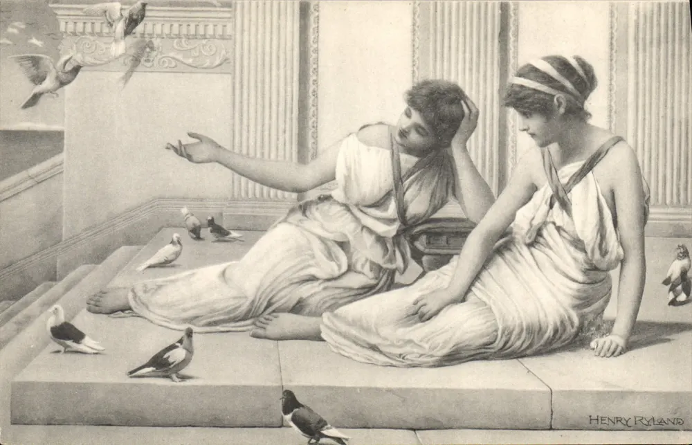 Zwei junge Frauen in antiken Togas — Tauben — Henry Ryland - Vorderseite