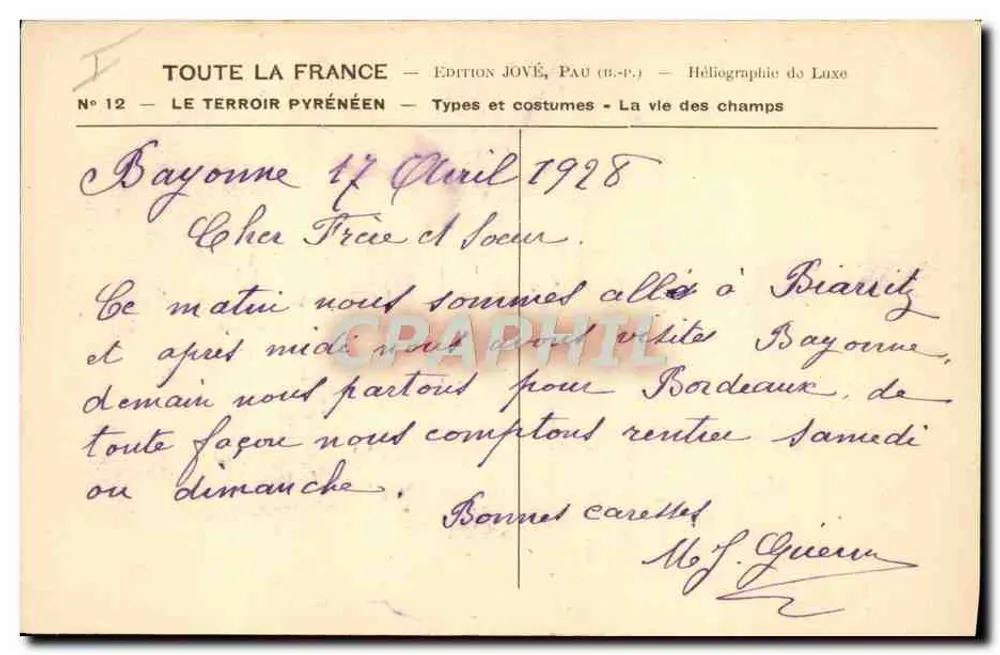 Bayonne — Typen und Trachten — Das Leben auf dem Land — Édition Jové, Pau (B.P.) - Rückseite