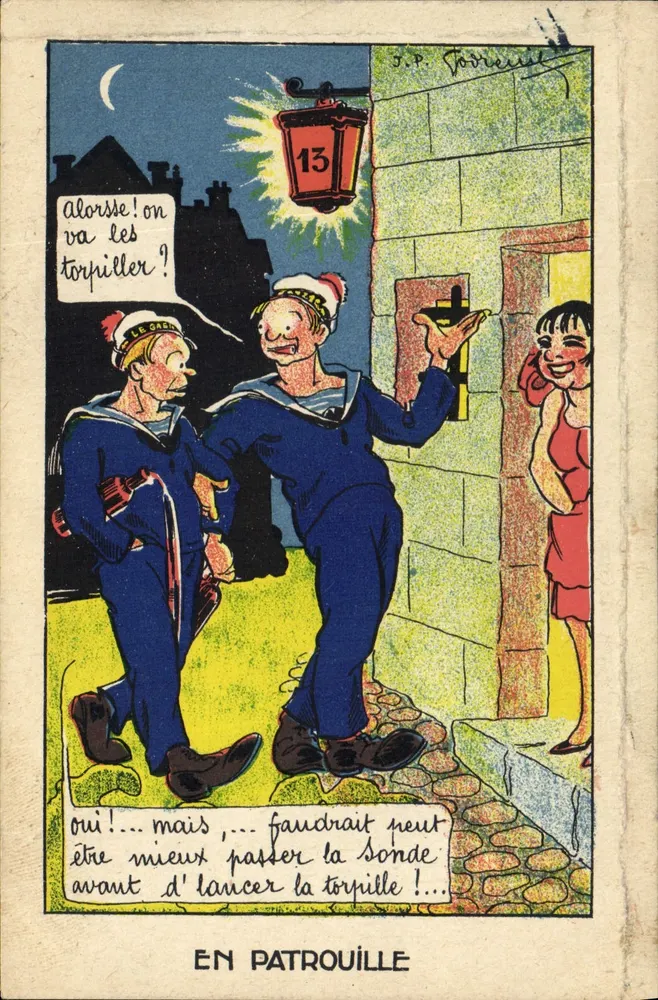 Deux marins en patrouille — scène nocturne devant une maison avec lanterne n°13 — dessin de J.P. Fortier - Frente